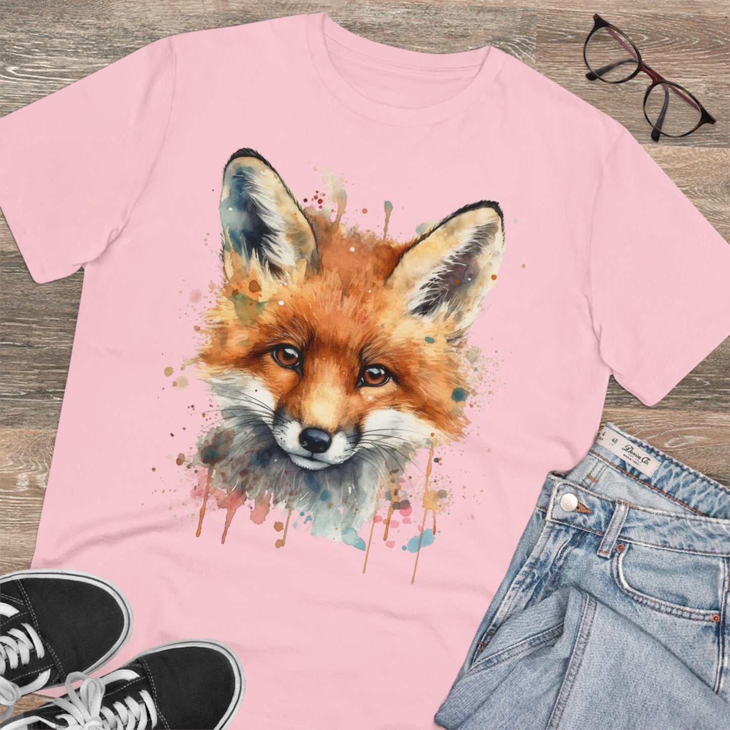 "Organic Eco-Friendly T-shirt: Dazzling Watercolor Fox Art - Unise - Flow-inkT-Shirt