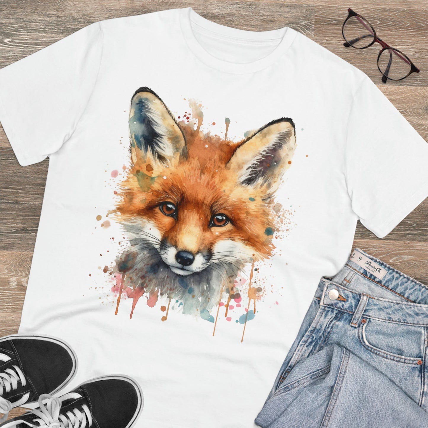 "Organic Eco-Friendly T-shirt: Dazzling Watercolor Fox Art - Unise - Flow-inkT-Shirt