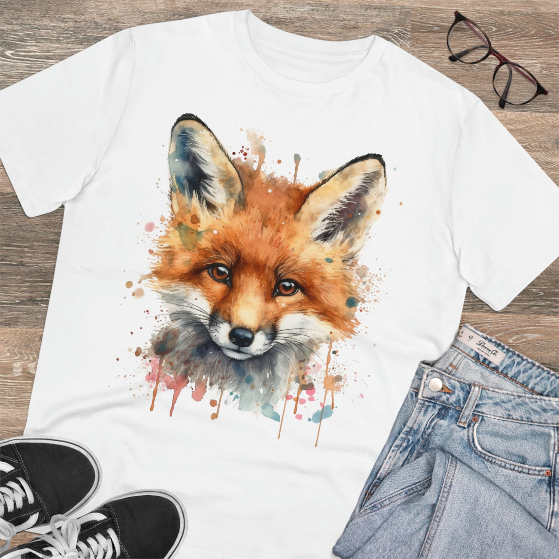 "Organic Eco-Friendly T-shirt: Dazzling Watercolor Fox Art - Unise - Flow-inkT-Shirt