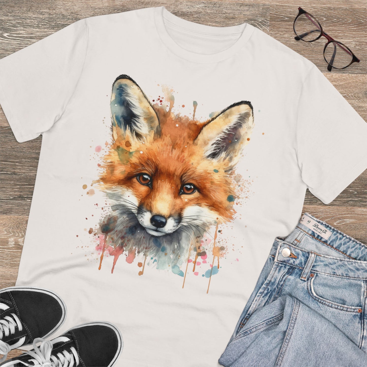 "Organic Eco-Friendly T-shirt: Dazzling Watercolor Fox Art - Unise - Flow-inkT-Shirt