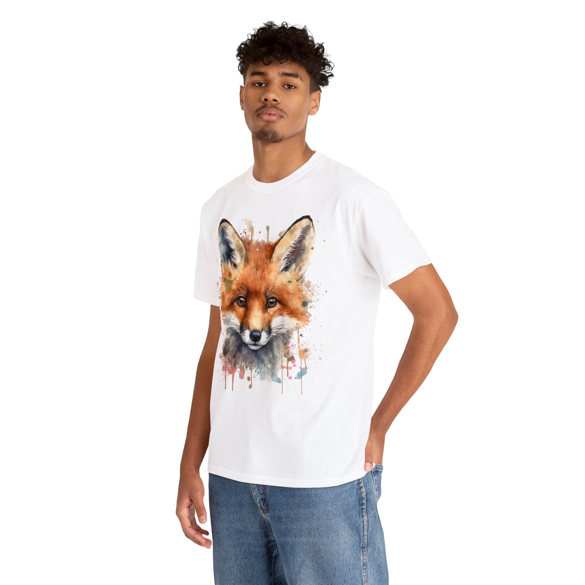 "Unisex Heavy Cotton Tee with Enchanting Watercolor Fox Desig - Flow-inkT-Shirt