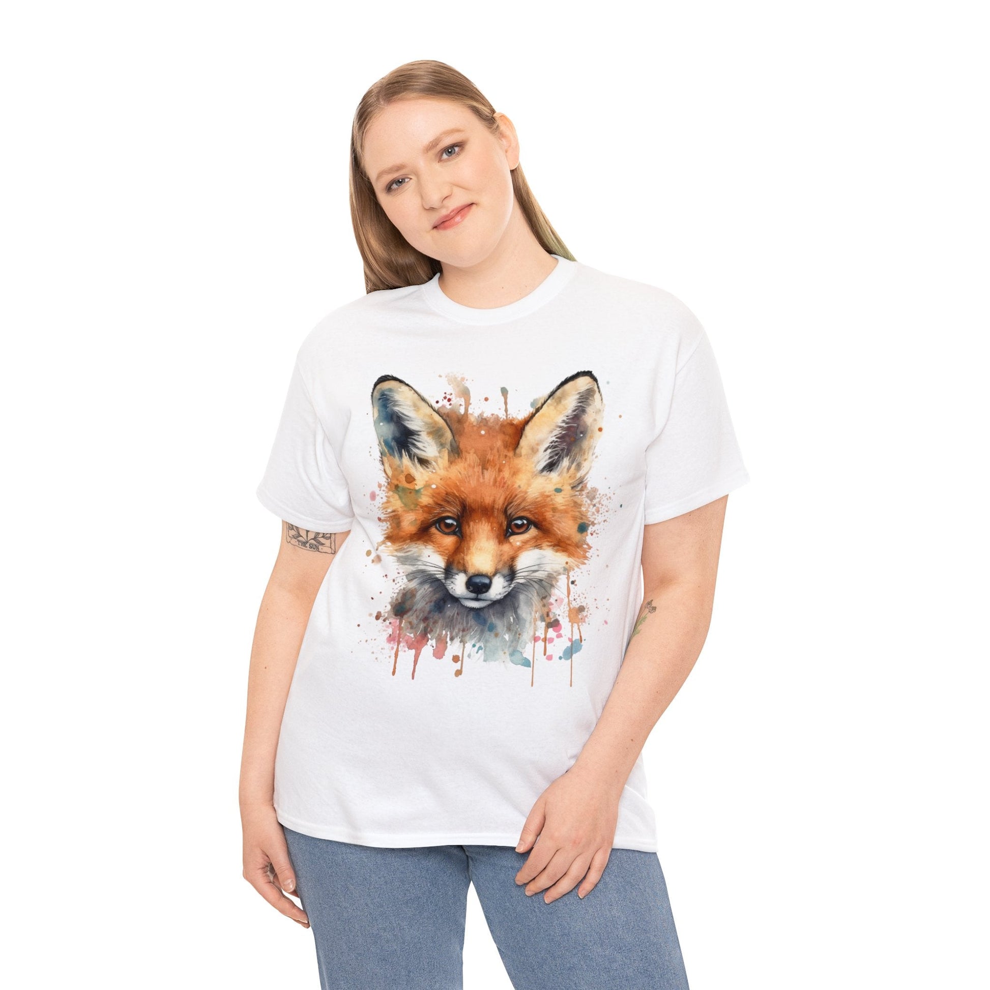 "Unisex Heavy Cotton Tee with Enchanting Watercolor Fox Desig - Flow-inkT-Shirt
