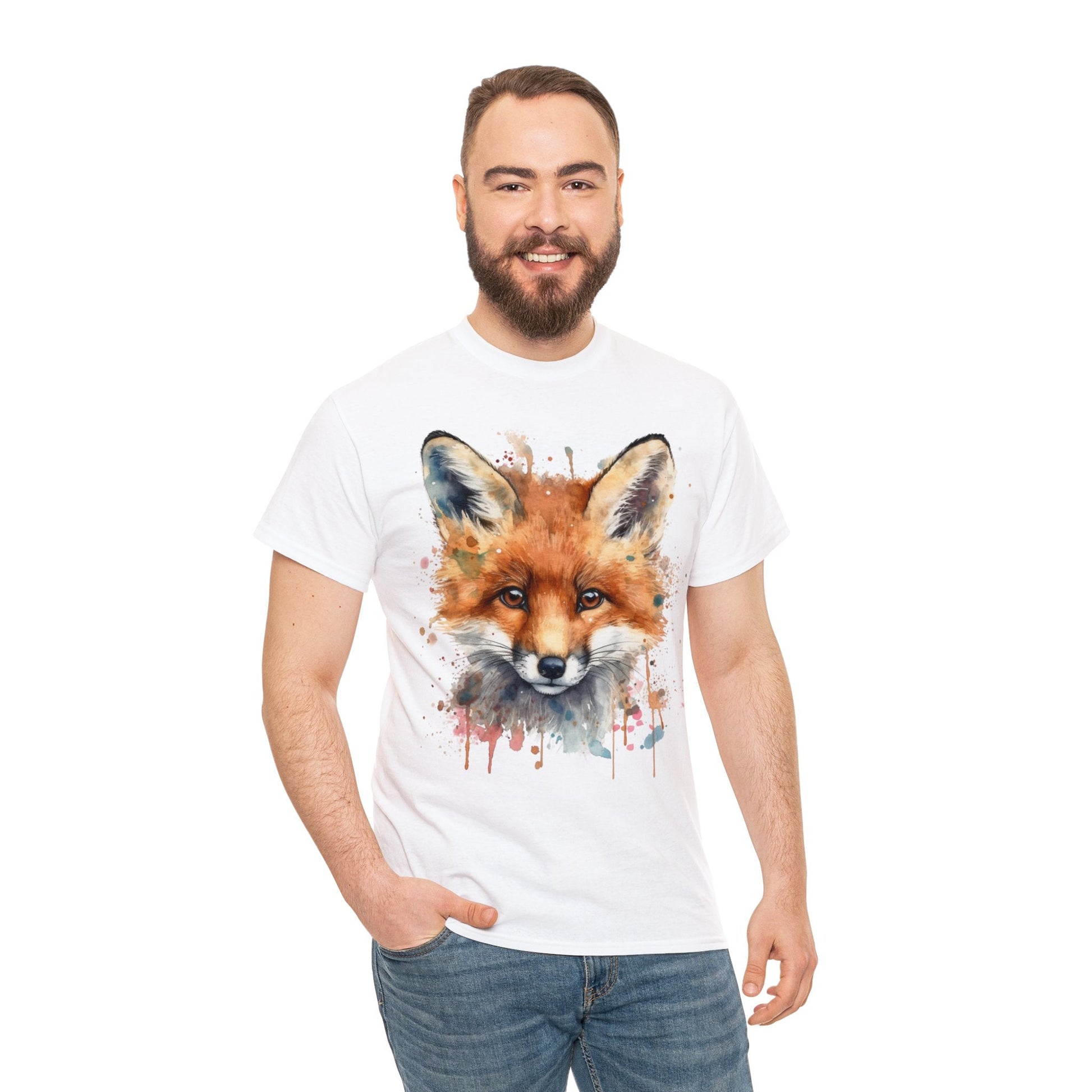 "Unisex Heavy Cotton Tee with Enchanting Watercolor Fox Desig - Flow-inkT-Shirt