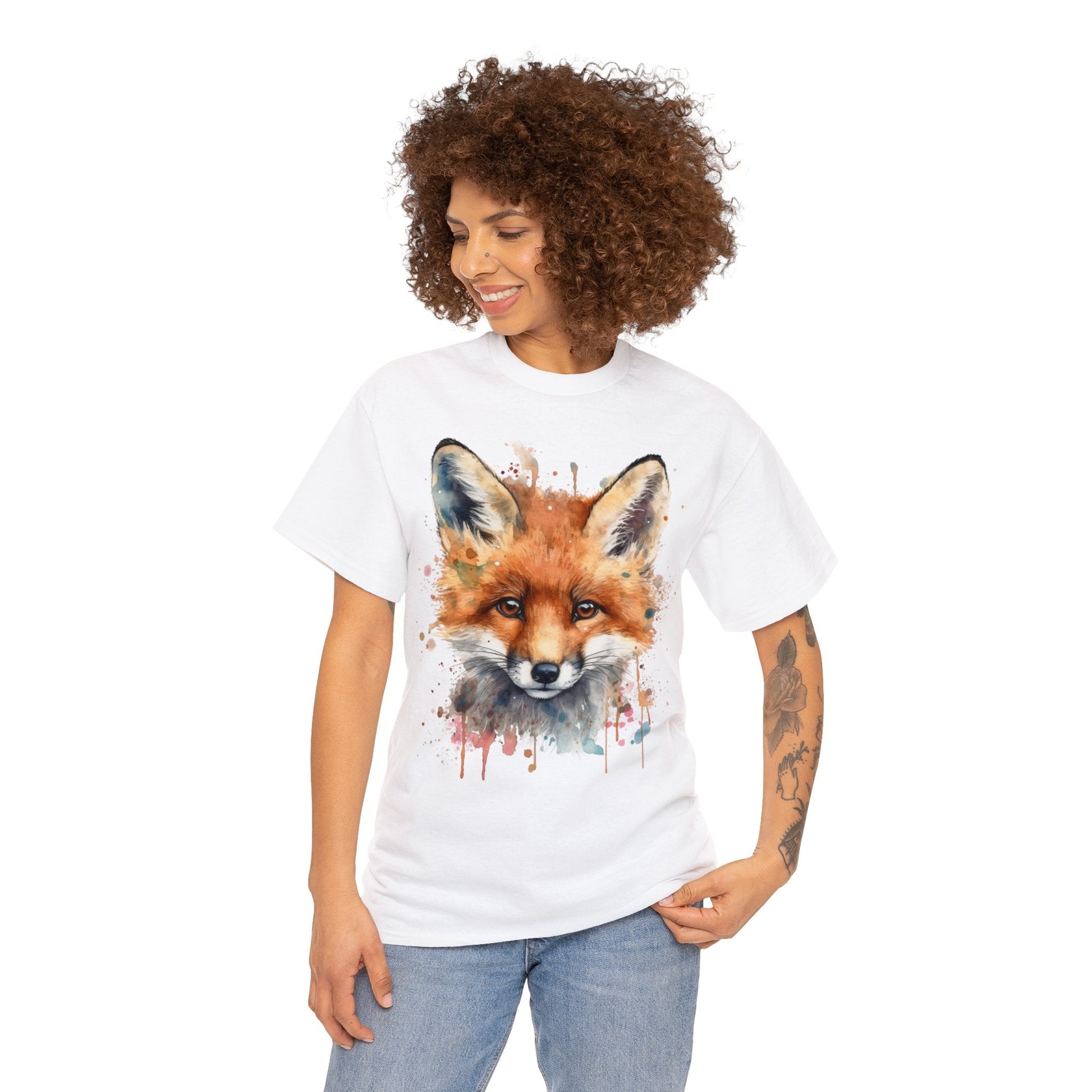 "Unisex Heavy Cotton Tee with Enchanting Watercolor Fox Desig - Flow-inkT-Shirt